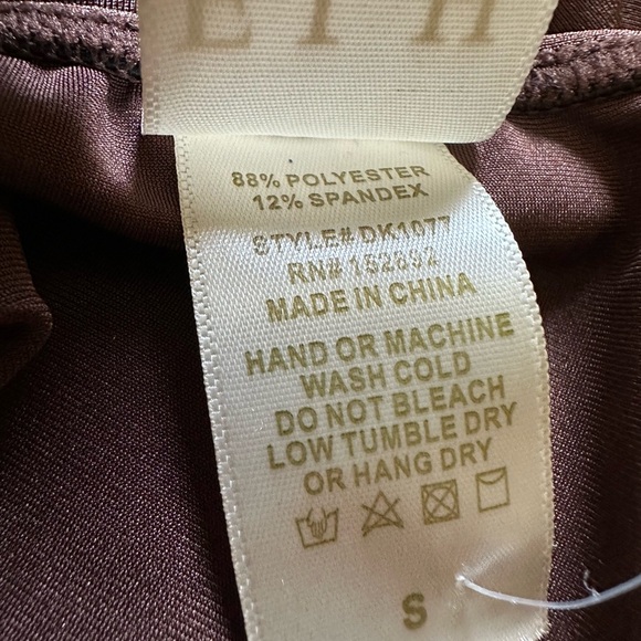 Brown Ruched Bodycon Midi Dress Sz S Spaghetti Strap Slit Wedding Cocktail Party - Picture 8 of 8